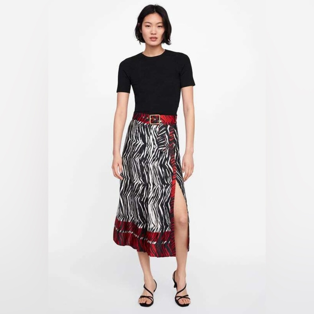 Zara Black White and Red Zebra-Print Midi Skirt